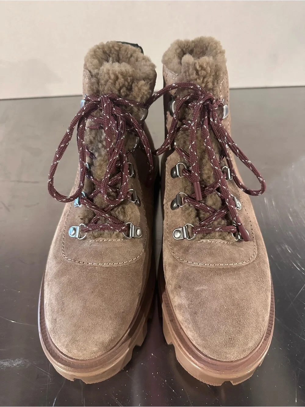 Women's Tan Suede Lace-Up Fur-Trim Hiking Boots